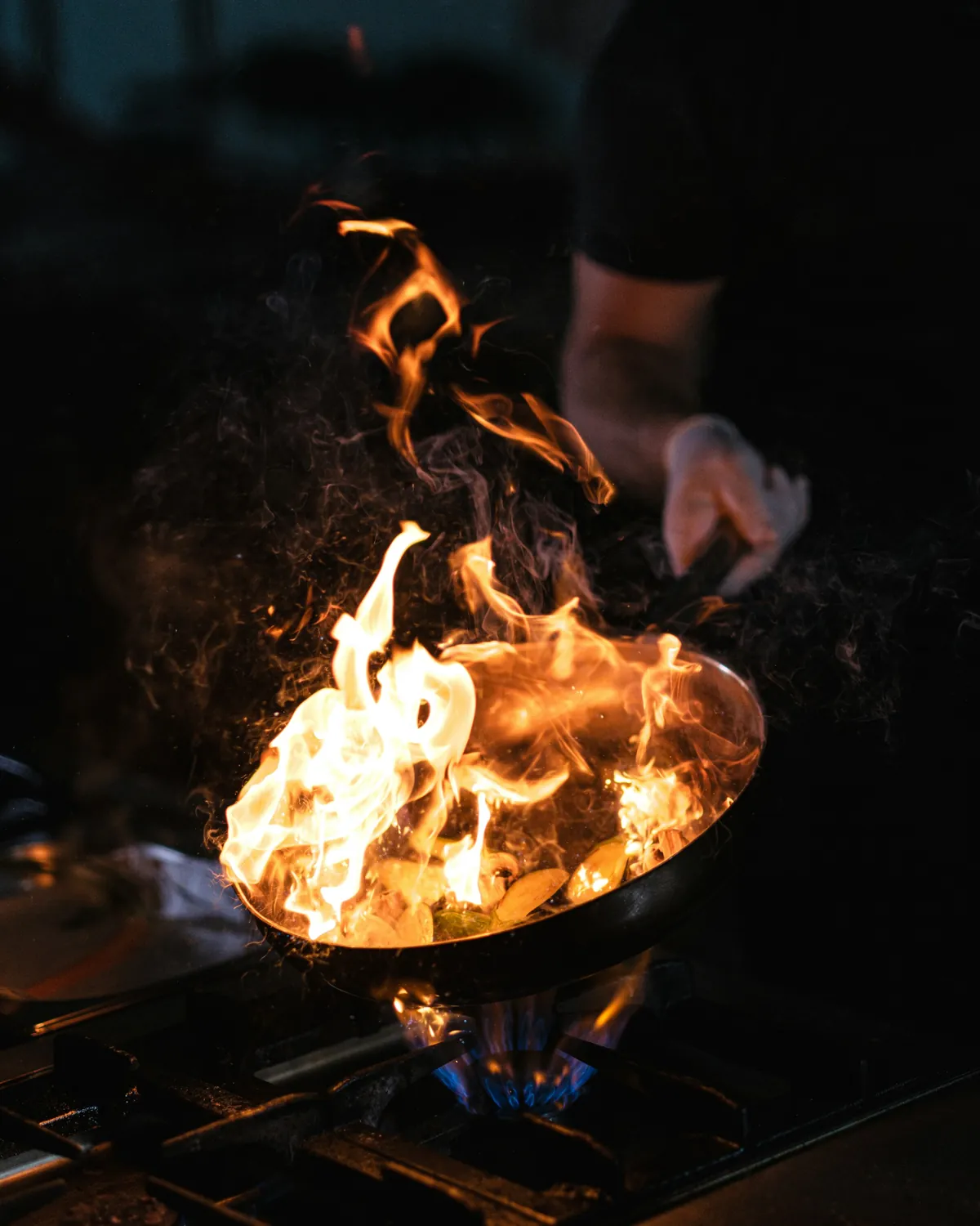 Saute pan in flames