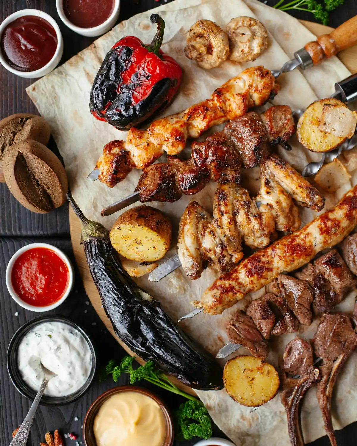 Kebab skewers, charred peppers, eggplant and sauces on a wooden board