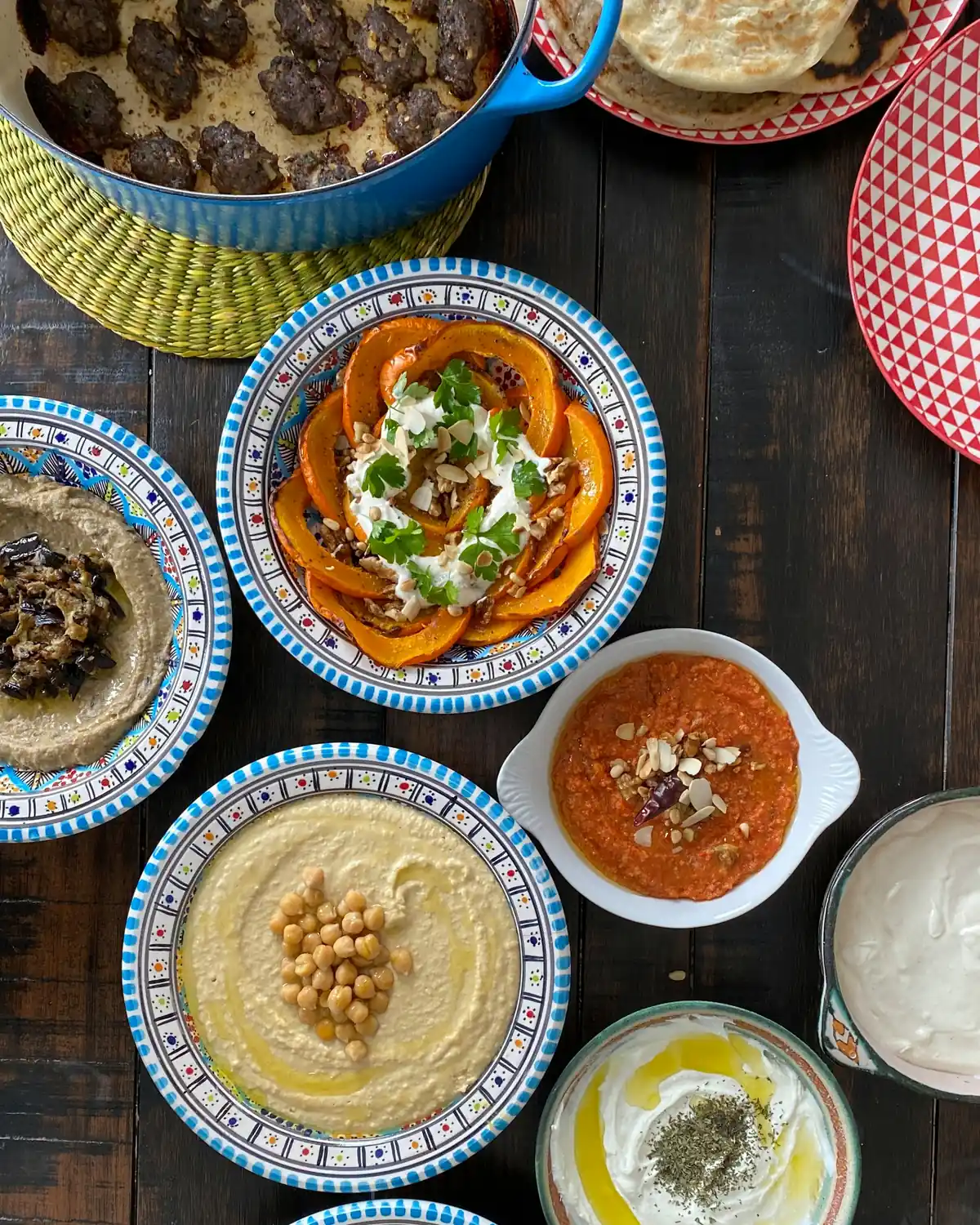Meze in blue patterned bowls